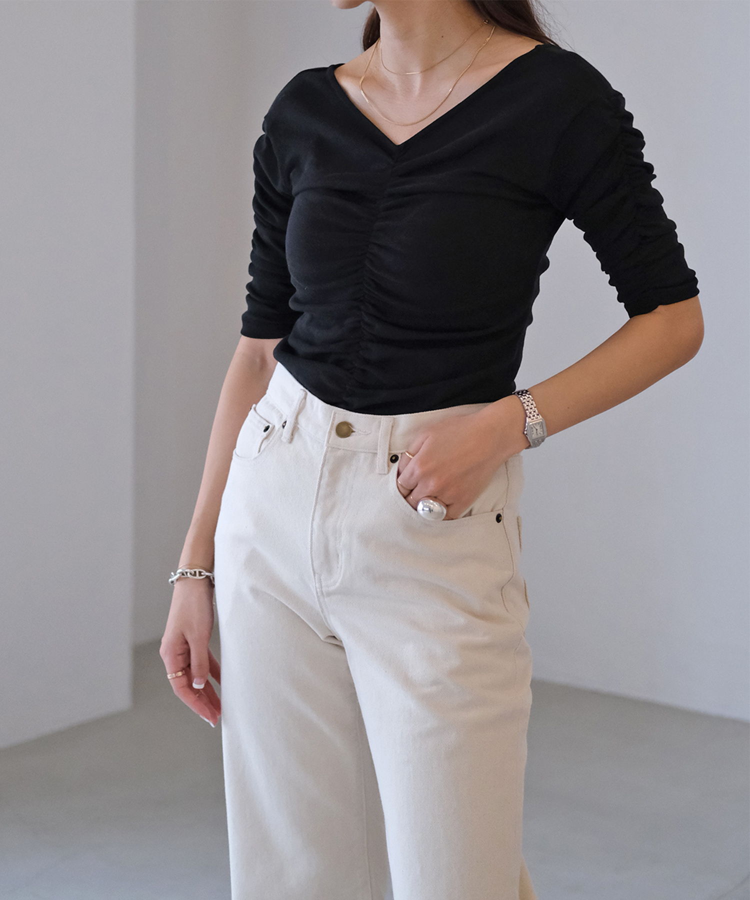 ハーフスリーブギャザートップス