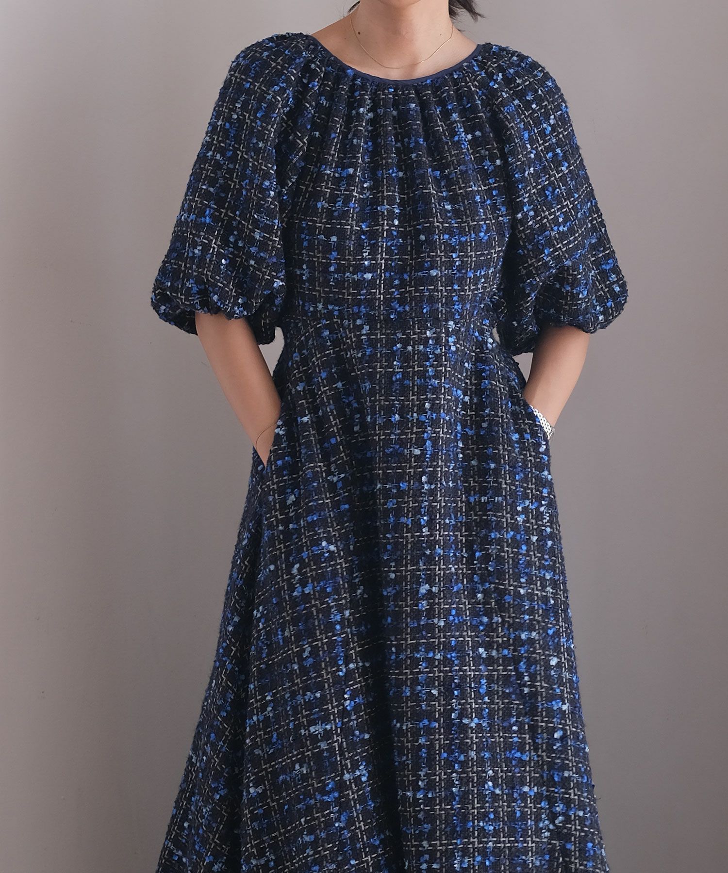 ツイードオープンバックフレアワンピース | AKTE